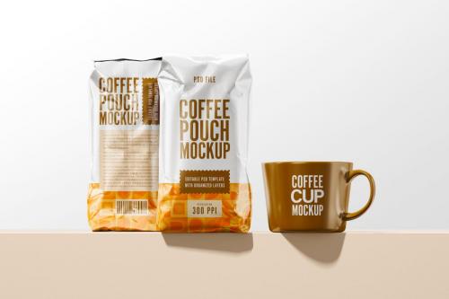 Coffee Bag With Take Away Cup Mockup Set