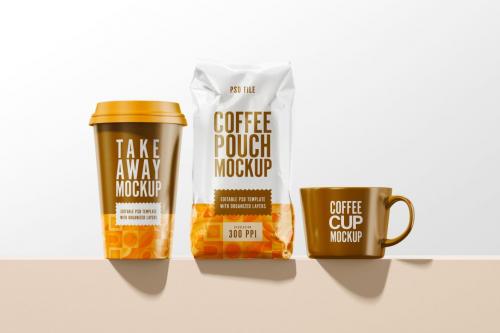 Coffee Bag With Take Away Cup Mockup Set