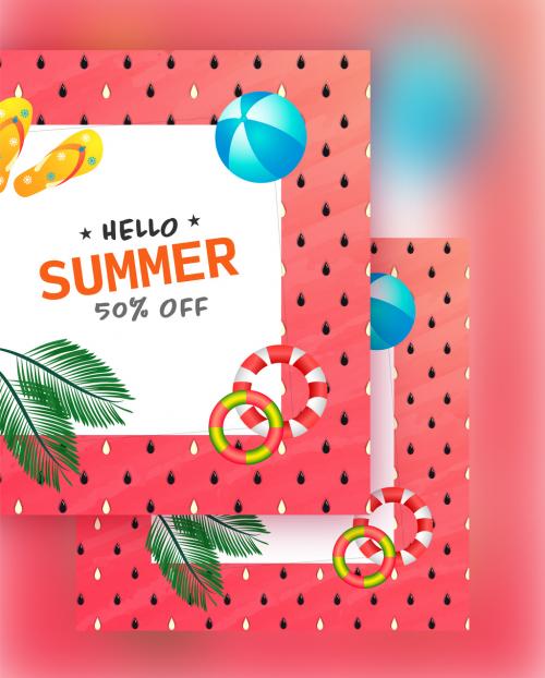 Summer Sale Poster Design with 50% Discount Offer and Beach Elements on Drop Pattern Red Background - 431750764